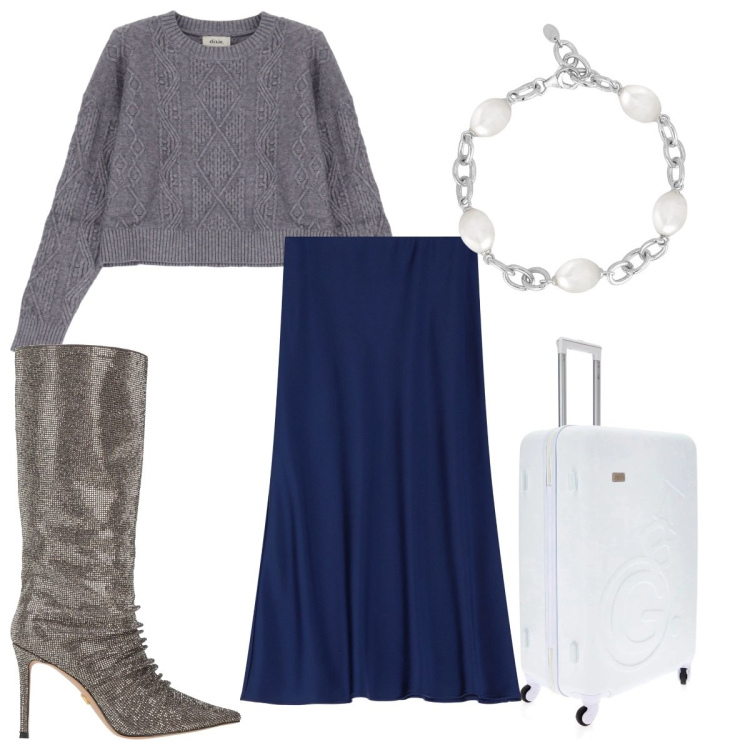 Outfit donna - Total look #2078135. Stile Trendy per Tutti i giorni. Abbinamento con stivali, braccialetti, gonne longuette, pullovers, valigie.