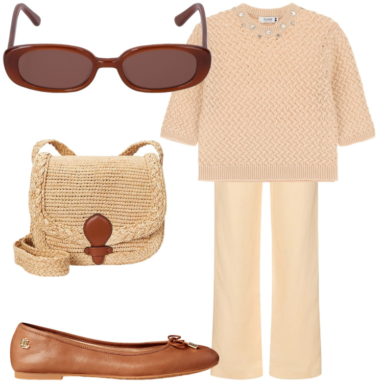 Outfit donna - BASIC look. Stile Basic per Tutti i giorni. Abbinamento con maglieria, ballerine, borse a tracolla, pantaloni, occhiali da sole.