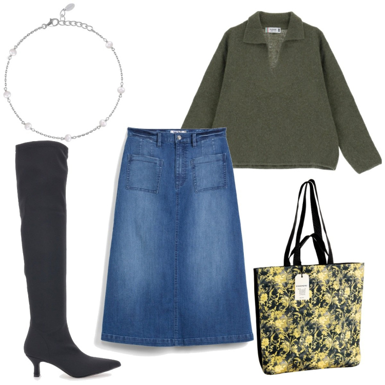 Outfit donna - Total look #2078143. Stile Trendy per Tutti i giorni. Abbinamento con gonne longuette, braccialetti, borse tote, pullovers, stivali.