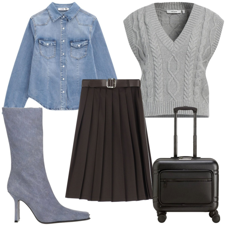 Outfit donna - Total look #2078146. Stile Trendy per Tutti i giorni. Abbinamento con stivali, pullovers, camicie, gonne longuette, valigie.