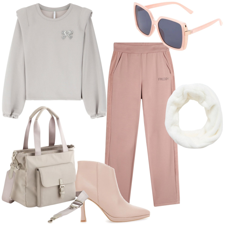 Outfit donna - Subito pronta. Stile Urban per Ufficio. Abbinamento con fasce per capelli, felpe, pantaloni, stivaletti, shopping bag, occhiali da sole.