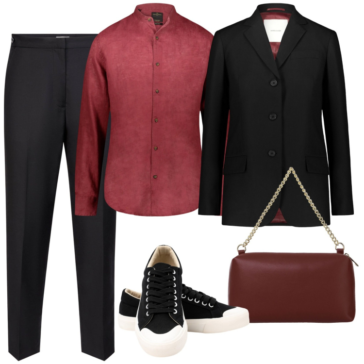 Outfit donna - Elegante con le sneakers. Stile Mannish per Ufficio. Abbinamento con borse a tracolla, blazer, sneakers, camicie, pantaloni.