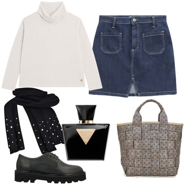 Outfit donna - La prima minigonna della stagione. Stile Preppy per Tutti i giorni. Abbinamento con scarpe stringate, profumi, minigonne, sciarpe, maglieria, borse a mano.