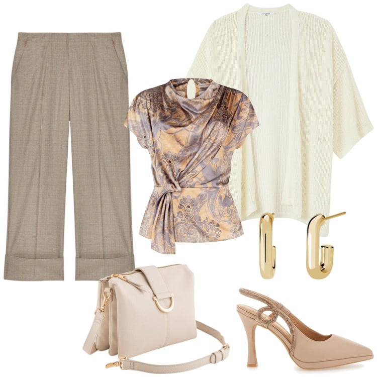 Outfit donna - Eleganza a lavoro. Stile Chic per Ufficio. Abbinamento con kimono, orecchini, bluse, décolleté, pantaloni, borse a tracolla.