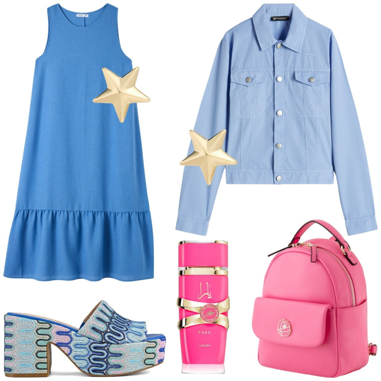 Outfit donna - Passeggiata lungomare. Stile Glamour per Mare. Abbinamento con vestiti lunghi, profumi, blazer, orecchini, sabot, zaini.