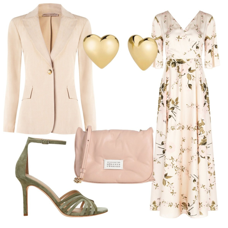 Outfit donna - Cerimonia di primavera. Stile Bon Ton per Cerimonia. Abbinamento con borse a tracolla, vestiti lunghi, blazer, orecchini, sandali in pelle.