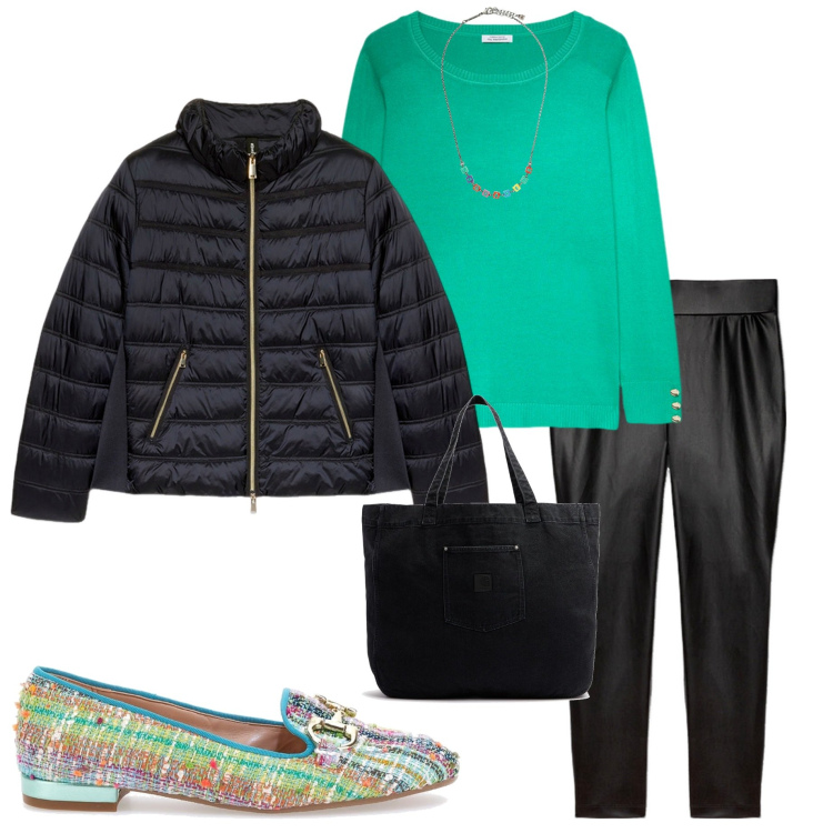 Outfit donna - In città. Stile Casual chic per Ufficio. Abbinamento con collane, mocassini, piumini, maglieria, leggings, shopping bag.