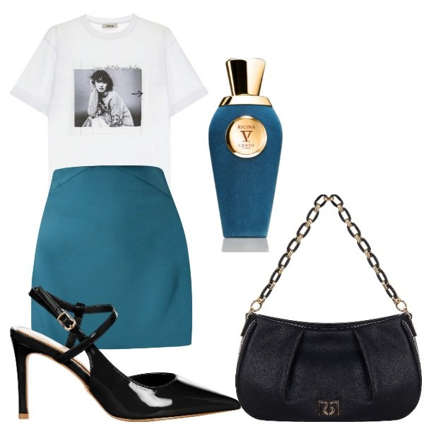 Outfit donna - siamo donne.............. Stile Glamour per Tutti i giorni. Abbinamento con profumi, t-shirt, borse a tracolla, décolleté, minigonne.