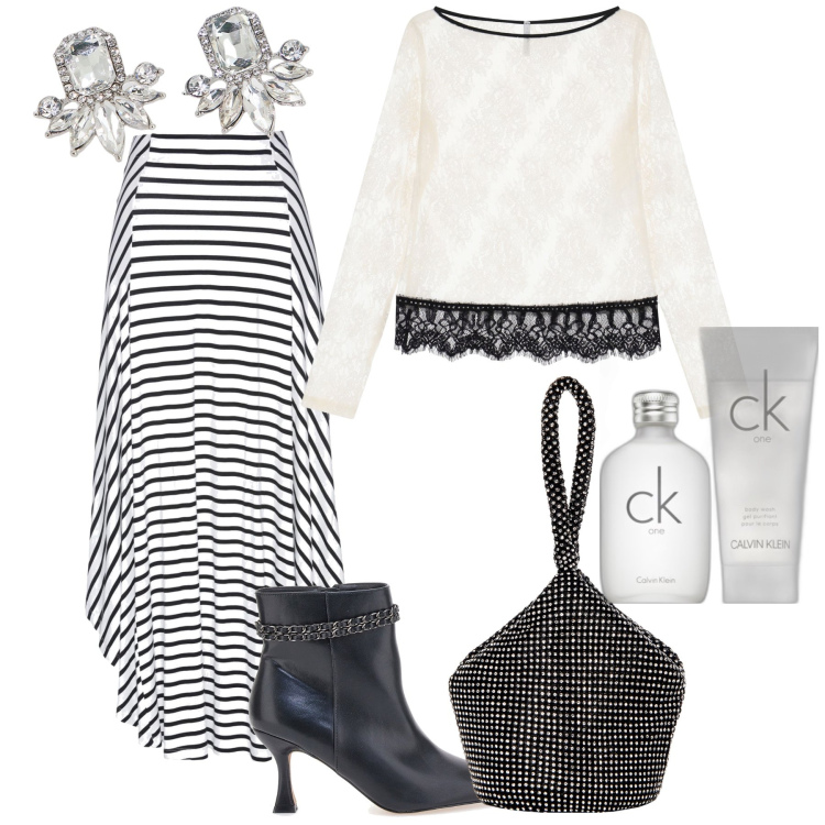 Outfit donna - Gonna originale. Stile Glamour per Serata fuori. Abbinamento con gonne, profumi, pochette, top, orecchini, stivaletti.