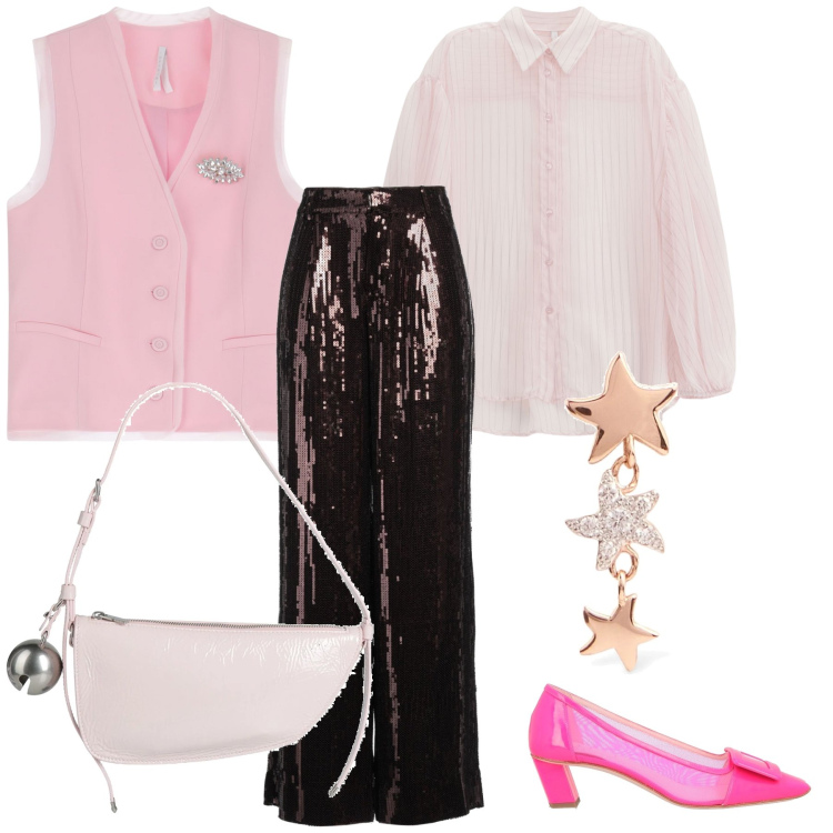 Outfit donna - Cerimonia in gilet. Stile Glamour per Cerimonia. Abbinamento con pantaloni, décolleté, borse a mano, camicie, gilet, orecchini.
