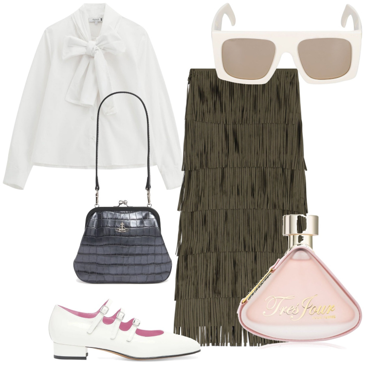 Outfit donna - Semplicemente aperitivo. Stile Bon Ton per Serata fuori. Abbinamento con profumi, camicie, gonne lunghe, occhiali da sole, décolleté, pochette.