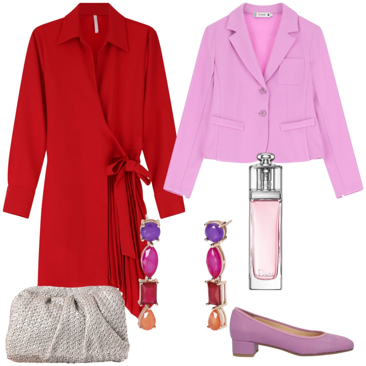 Outfit donna - Pink and red. Stile Glamour per Cerimonia. Abbinamento con décolleté, profumi, orecchini, clutch, blazer, vestiti corti.