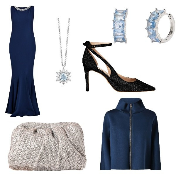 Outfit donna - Blu come il mare. Stile Casual chic per Serata fuori. Abbinamento con collane, orecchini, clutch, cappe, vestiti lunghi, décolleté.