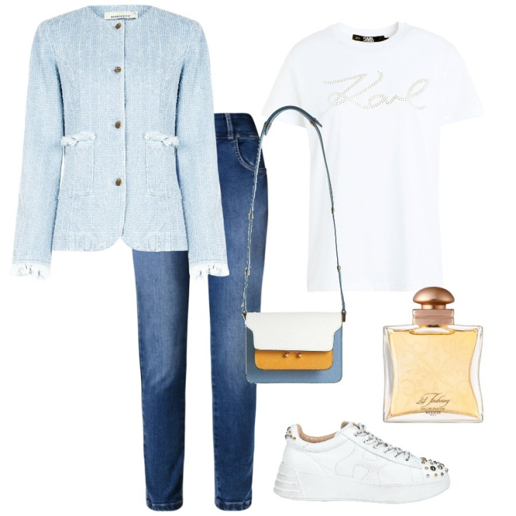 Outfit donna - Blazer di giorno. Stile Urban per Tutti i giorni. Abbinamento con sneakers, borse a spalla, t-shirt, profumi, blazer, jeans skinny.