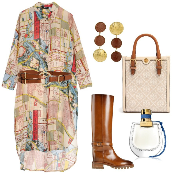 Outfit donna - Colori caldi per la primavera. Stile Glamour per Tutti i giorni. Abbinamento con stivali, profumi, vestiti chemisier, cinture, shopping bag, orecchini.