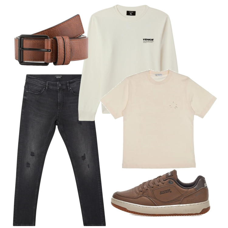 Outfit uomo - Marzo casual. Stile Casual per Tutti i giorni. Abbinamento con felpe, jeans strappati, t-shirt, sneakers, cinture.