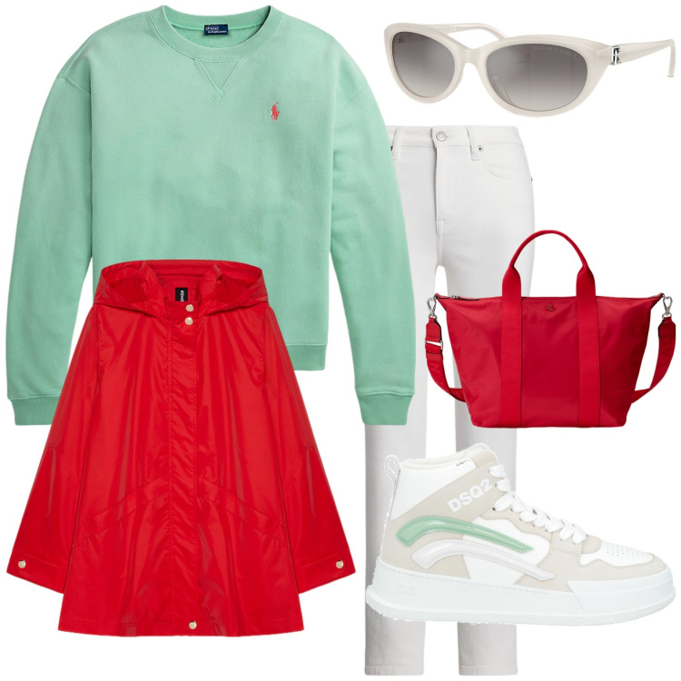 Outfit donna - Rosso e verde. Stile Sporty chic per Tutti i giorni. Abbinamento con sneakers alte, jeans dritti, pullovers, occhiali da sole, borse tote, parka.