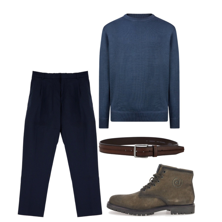 Outfit uomo - Blu. Stile Casual per Tutti i giorni. Abbinamento con pantaloni, cinture, maglieria, stivali e stivaletti.