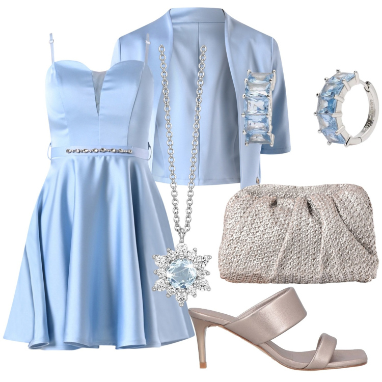 Outfit donna - Wedding date. Stile Bon Ton per Cerimonia. Abbinamento con sandali in pelle, collane, orecchini, vestiti corti, clutch, bolero.