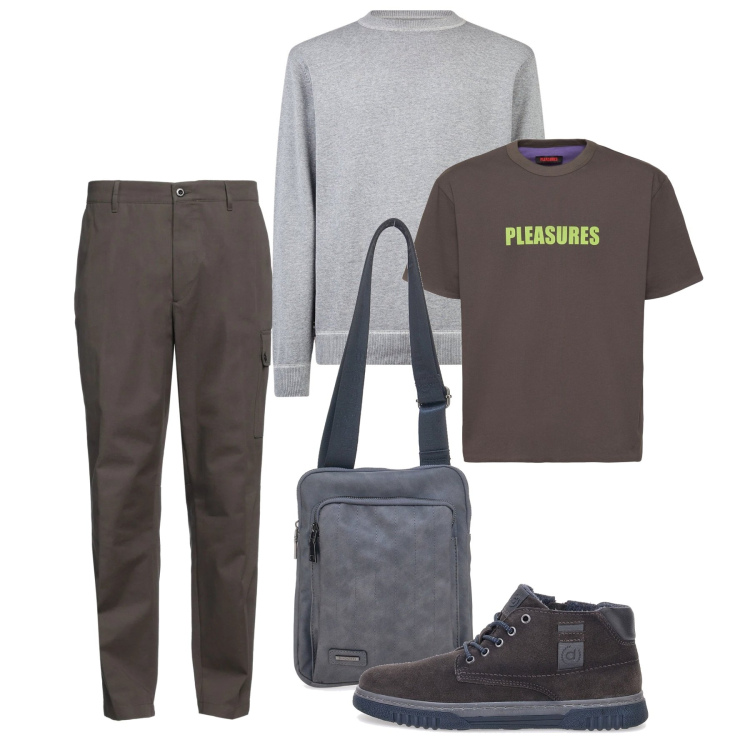 Outfit uomo - Marzo. Stile Casual per Tutti i giorni. Abbinamento con pantaloni cargo, maglieria, portafogli, scarpe stringate, t-shirt.