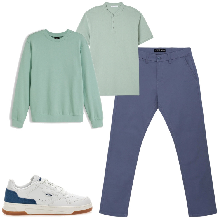 Outfit uomo - Marzo. Stile Casual per Tutti i giorni. Abbinamento con felpe, t-shirt, pantaloni chino, sneakers.