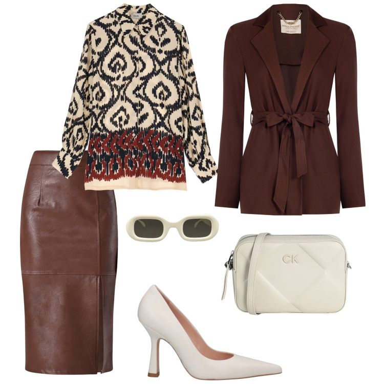 Outfit donna - Meeting. Stile Bon Ton per Ufficio. Abbinamento con borse a tracolla, occhiali da sole, décolleté, camicie, gonne longuette, blazer.