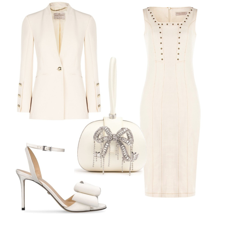 Outfit donna - Elegantemente in bianco. Stile Chic per Cerimonia. Abbinamento con vestiti, blazer, pochette, sandali in pelle.