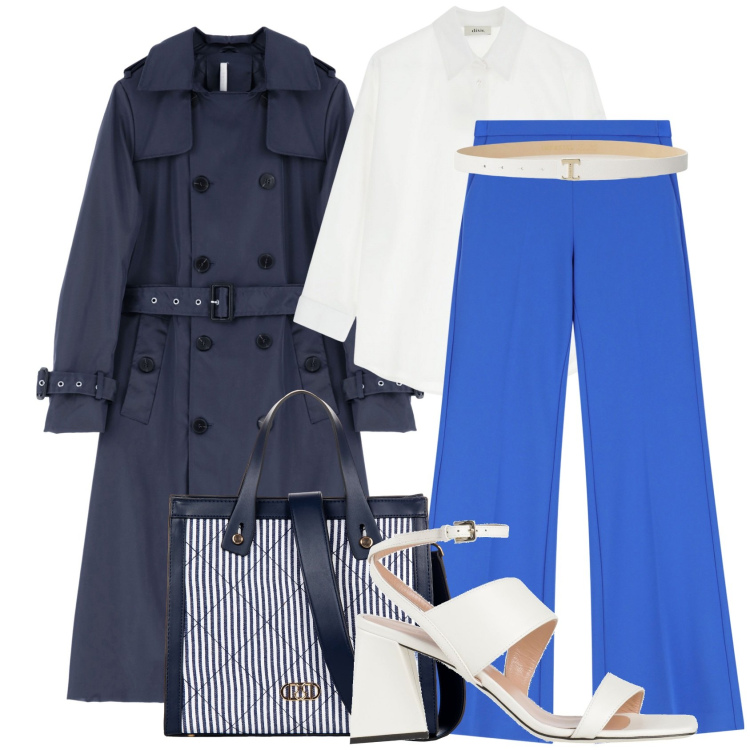 Outfit donna - Blue trench coat. Stile Minimal per Tutti i giorni. Abbinamento con sandali in pelle, shopping bag, pantaloni, trench, cinture, camicie.