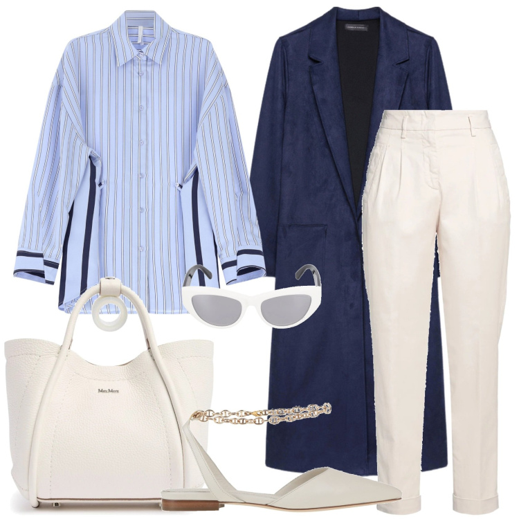 Outfit donna - Blue trench coat. Stile Casual chic per Tutti i giorni. Abbinamento con pantaloni, ballerine, camicie, trench, occhiali da sole, borse a mano.