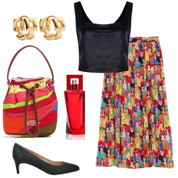 Outfit donna - Gonna mille volti. Stile Chic per Serata fuori. Abbinamento con décolleté, profumi, top, gonne lunghe, borse a secchiello, orecchini.