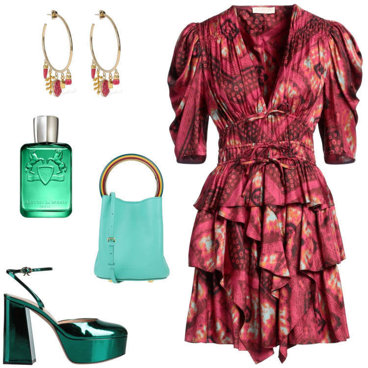 Outfit donna - Red skirt. Stile Glamour per Serata fuori. Abbinamento con borse a mano, vestiti corti, décolleté, profumi, orecchini.
