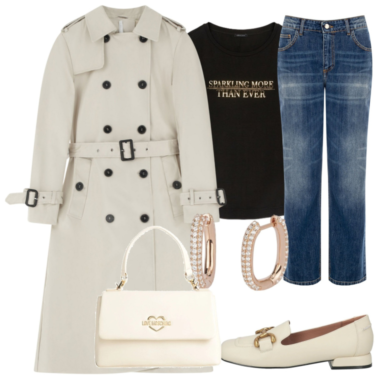 Outfit donna - Total look #2078570. Stile Casual Abbinamento con borse a mano, mocassini, orecchini, jeans, trench, t-shirt.
