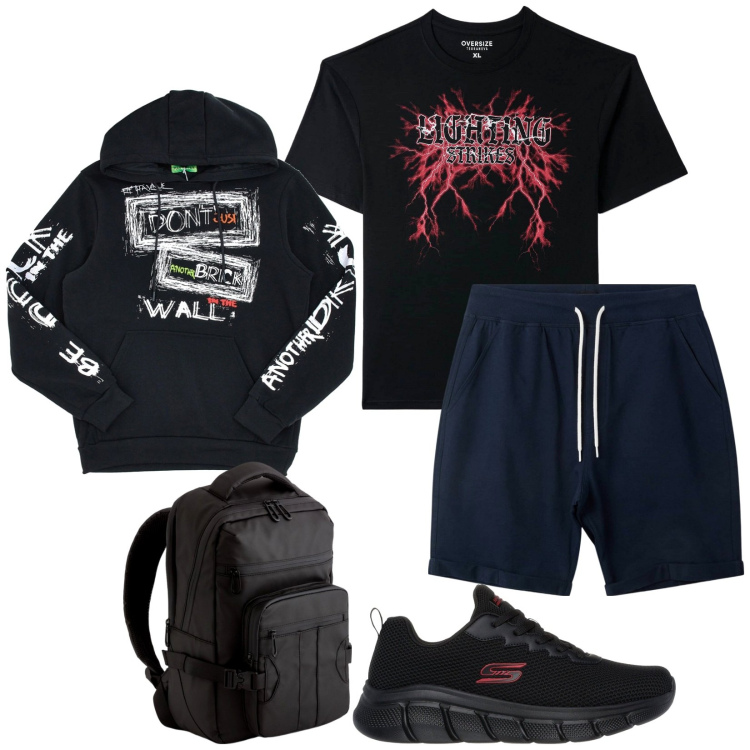 Outfit uomo - In palestra. Stile Casual per Sport. Abbinamento con t-shirt, pantaloni corti, sneakers, felpe con cappuccio, borse sportive.