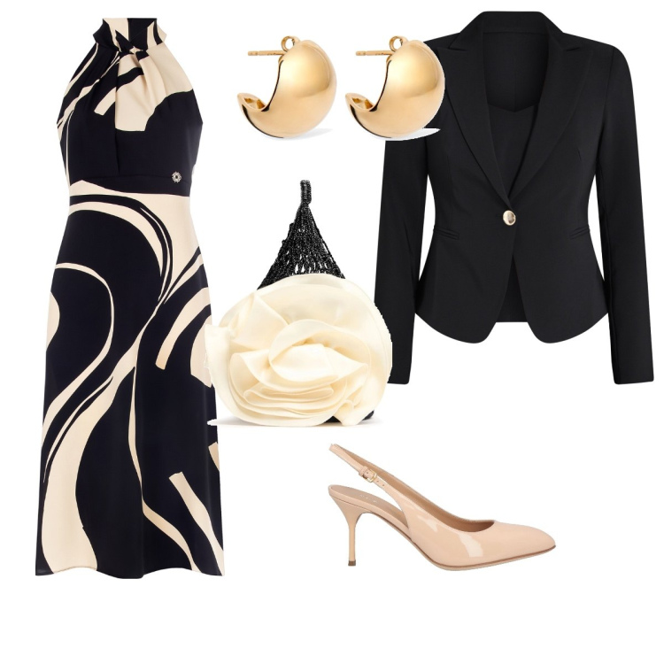 Outfit donna - Gioco di contrasti. Stile Chic per Cerimonia. Abbinamento con décolleté, blazer, vestiti midi/longuette, borse a mano, orecchini.
