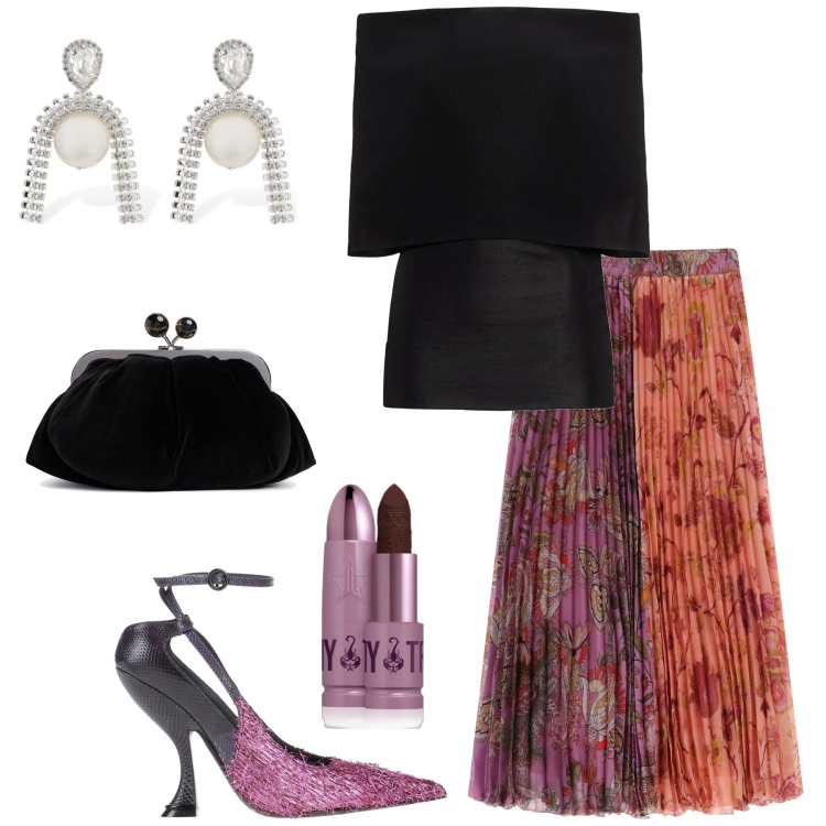 Outfit donna - Etnochic. Stile Etnico per Serata fuori. Abbinamento con décolleté, rossetti, gonne longuette, orecchini, pochette, top.