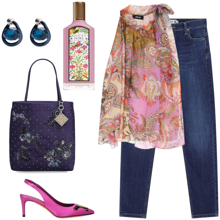Outfit donna - Flora parfum. Stile Casual chic per Serata fuori. Abbinamento con décolleté, profumi, jeans skinny, top, borse a mano, orecchini.