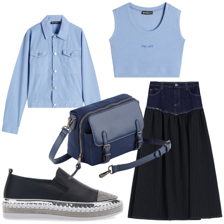 Outfit donna - Total look #2078592. Stile Casual per Scuola/Università. Abbinamento con gonne lunghe, blazer, top, sneakers, borse a tracolla.