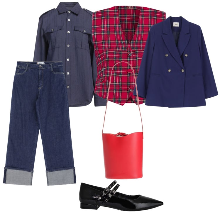 Outfit donna - Primavera scozzese. per Tutti i giorni. Abbinamento con camicie, borse a mano, jeans, gilet, blazer, ballerine.