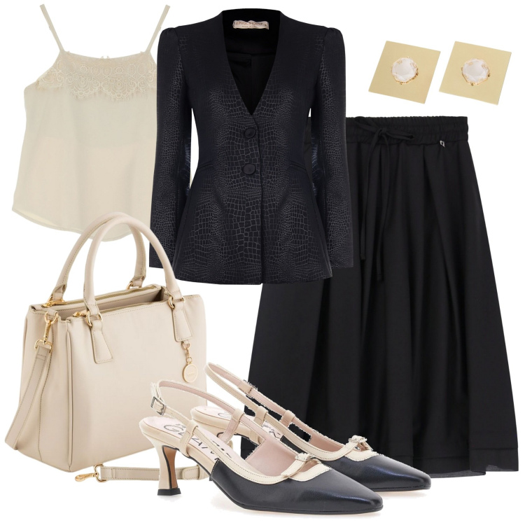 Outfit donna - Stile italiano. Stile Chic per Ufficio. Abbinamento con blazer, gonne longuette, orecchini, top, décolleté, borse a mano.