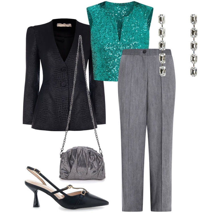 Outfit donna - Il top in paillettes. Stile Glamour per Cerimonia. Abbinamento con orecchini, blazer, pantaloni, top, décolleté, pochette.