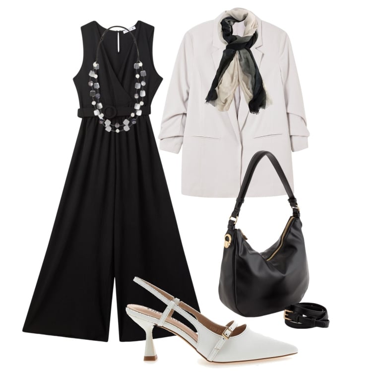 Outfit donna - Cena di primavera in jumpsuite. Stile Glamour per Serata fuori. Abbinamento con tute, blazer, décolleté, collane, borse a tracolla, portafogli.