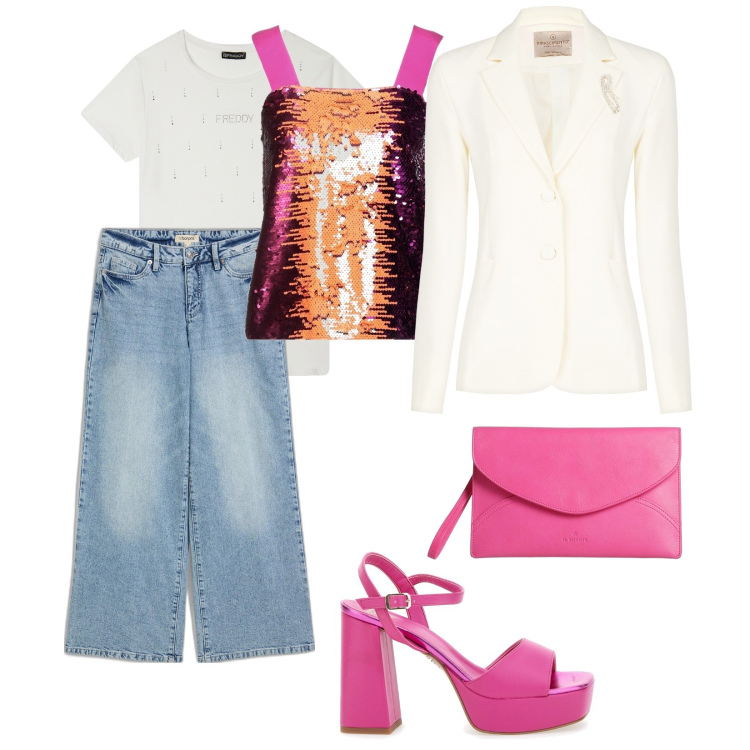 Outfit donna - Per chi ama il rosa. per Serata fuori. Abbinamento con jeans, top, borse a mano, blazer, t-shirt, sandali col tacco.
