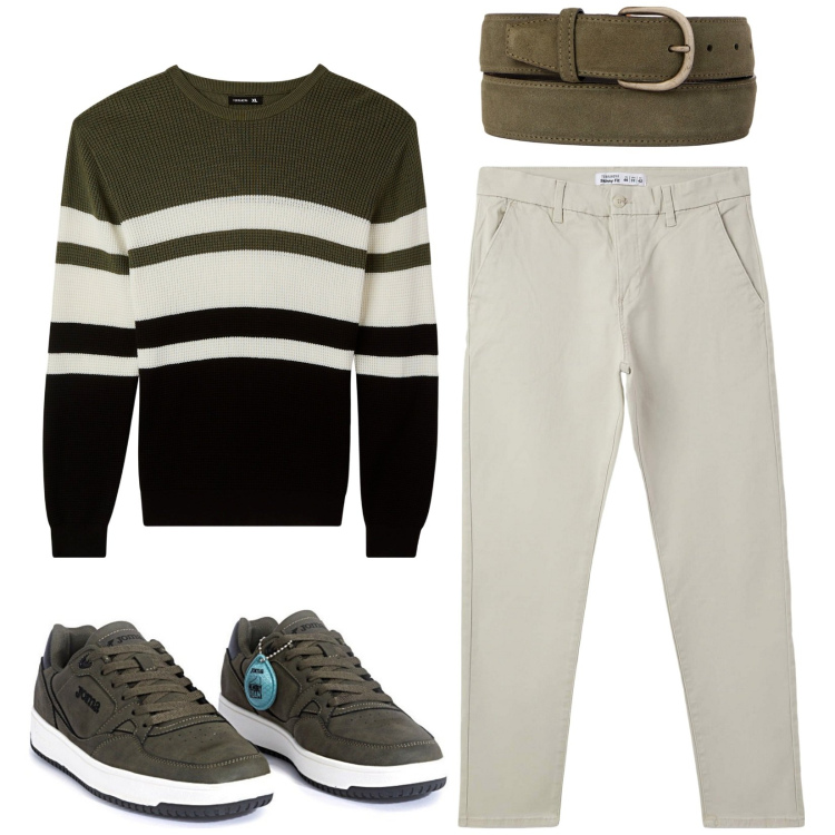Outfit uomo - Primavera. Stile Casual per Tutti i giorni. Abbinamento con pantaloni chino, maglieria, sneakers, cinture.