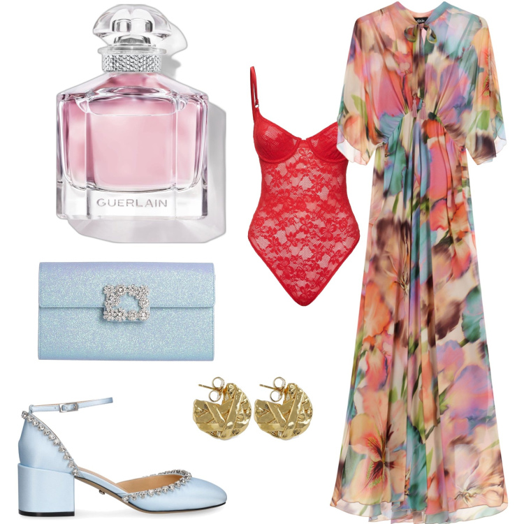 Outfit donna - Maxi abito chic. Stile Chic per Serata fuori. Abbinamento con borse a mano, profumi, vestiti lunghi, body, décolleté, orecchini.