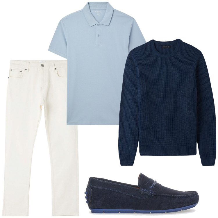 Outfit uomo - Gita in barca. Stile Trendy per Tutti i giorni. Abbinamento con maglieria, pantaloni, polo, scarpe stringate.