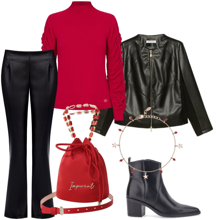 Outfit donna - La borsa a secchiello. Stile Rock per Serata fuori. Abbinamento con braccialetti con ciondoli, pantaloni, maglieria, borse a secchiello, stivaletti, blazer.