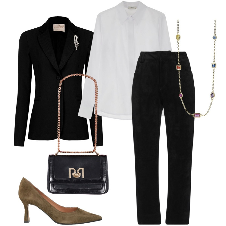 Outfit donna - Le décolleté scamosciate. Stile Bon Ton per Serata fuori. Abbinamento con pantaloni, décolleté, collane, borse a tracolla, blazer, camicie.
