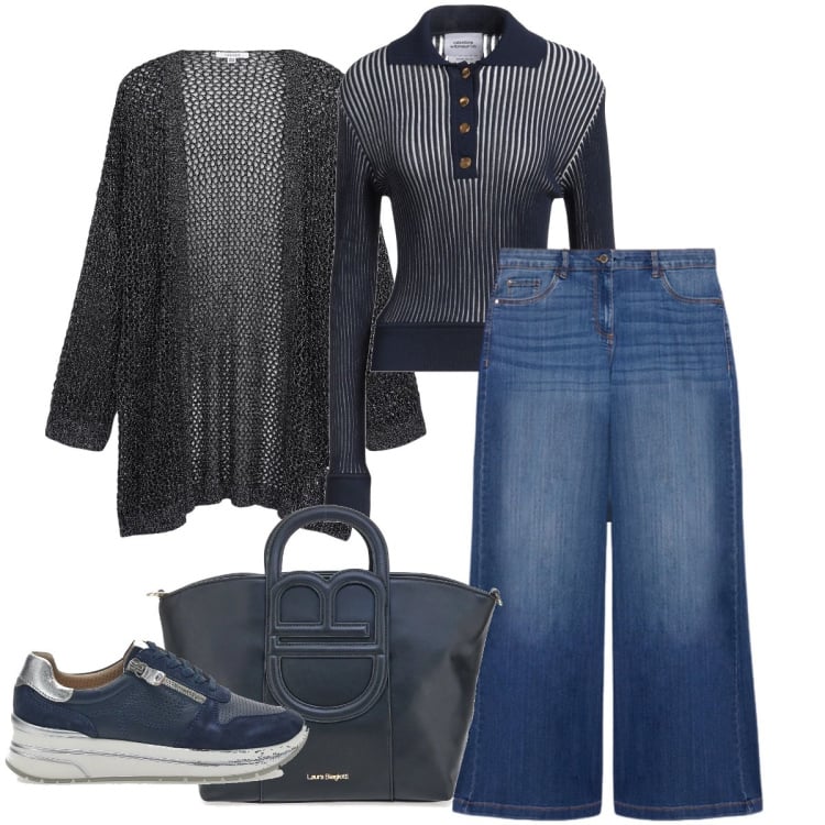 Outfit donna - Nel segno del blu. Stile Urban per Tutti i giorni. Abbinamento con pullovers, jeans, kimono, scarpe stringate, borse a tracolla.