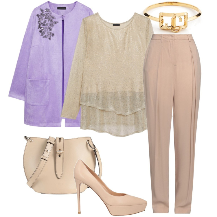 Outfit donna - Lo spolverino viola. Stile Romantica per Cerimonia. Abbinamento con borse a tracolla, pantaloni, décolleté, trench, t-shirt, braccialetti.