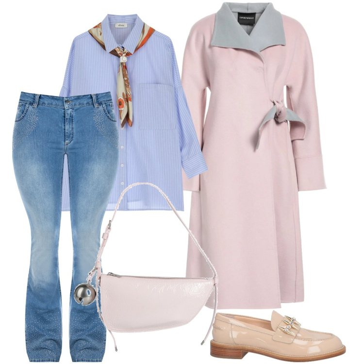 Outfit donna - Il cappottino rosa. Stile Trendy per Tutti i giorni. Abbinamento con cappotti, mocassini, borse a mano, camicie, jeans a zampa.